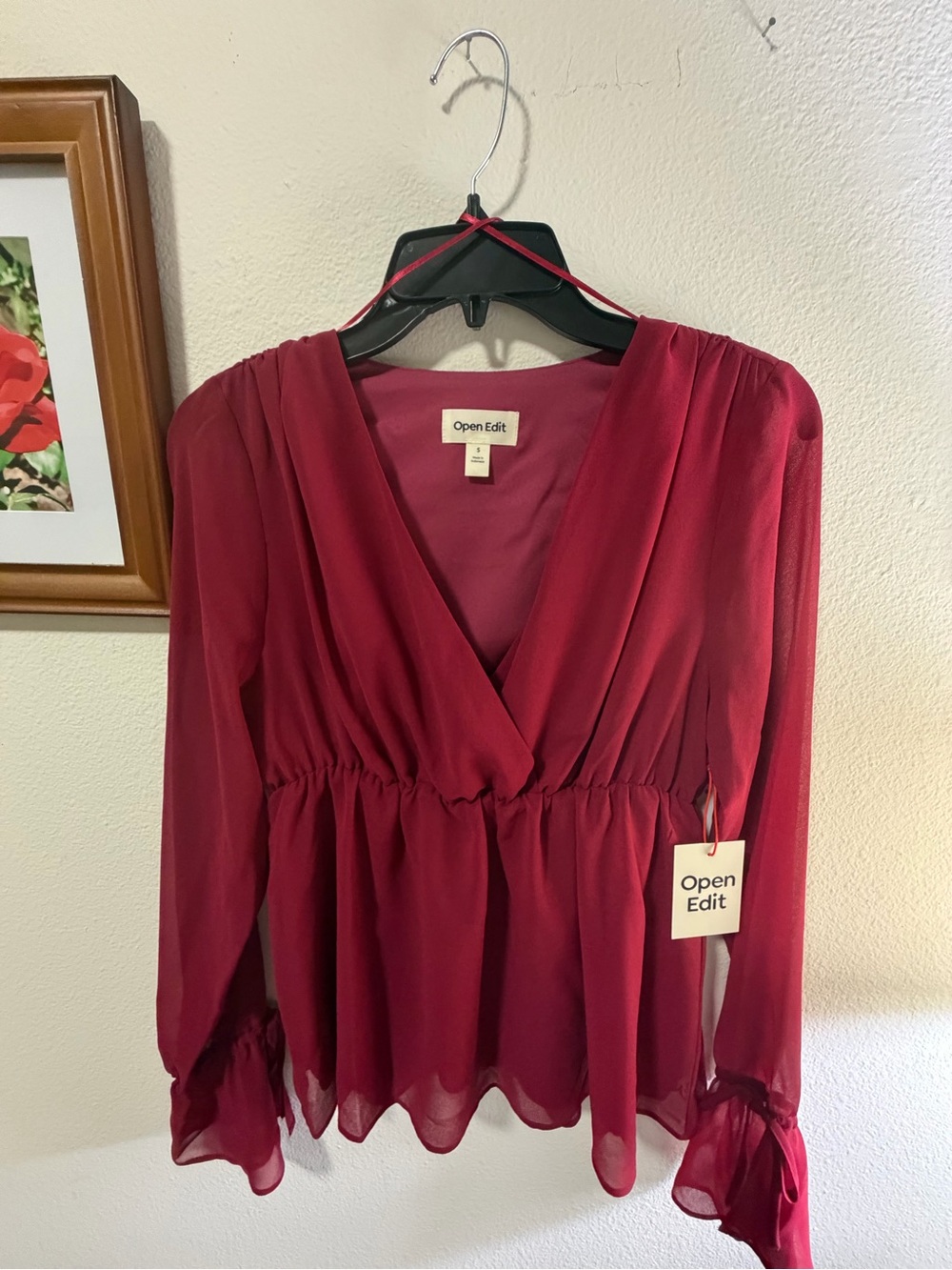 Open Edit Burgundy V-Neck Long-Sleeve Peplum Blouse